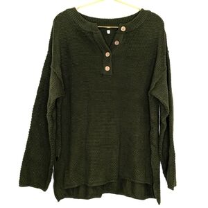 Dark Olive Green Medium Wood Buttoned‎ Exposed Shoulder Seam High-Low Sweater